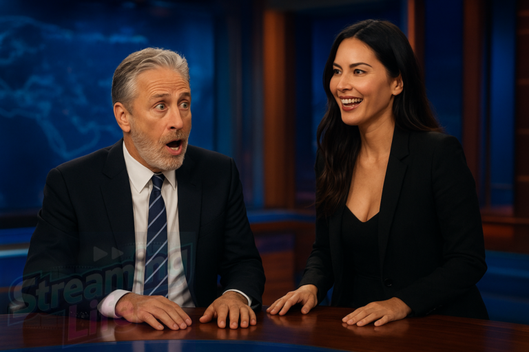 Jon Stewart Gets Surprise Olivia Munn Visit on The Daily Show in Stephen Colbert Goodbye Week Spoof