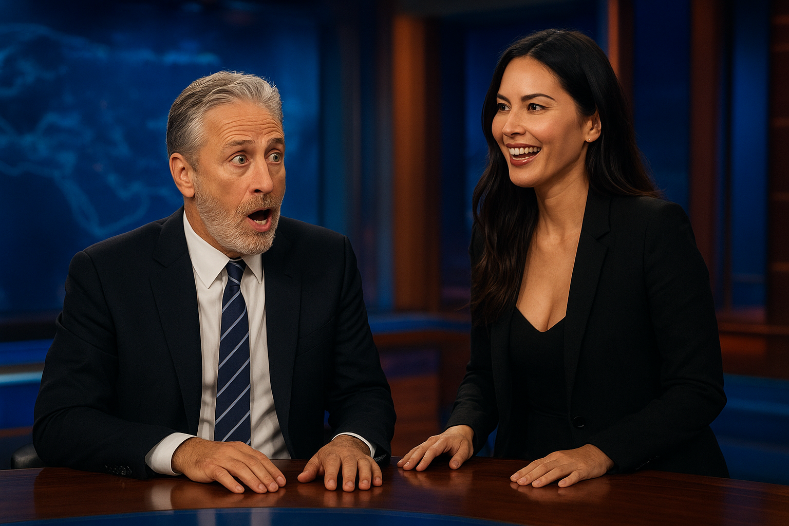 Jon Stewart Gets Surprise Olivia Munn Visit on The Daily Show in Stephen Colbert Goodbye Week Spoof